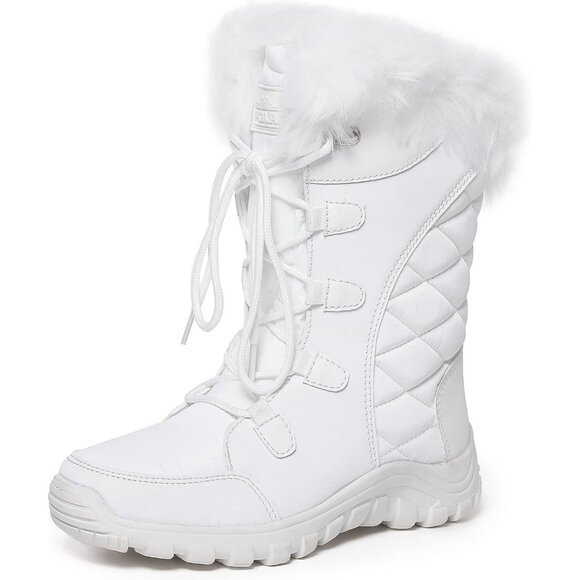 Shoes - Womens White Quilted Faux Fur Cuff Winter Duck Boots with Rubber Sole